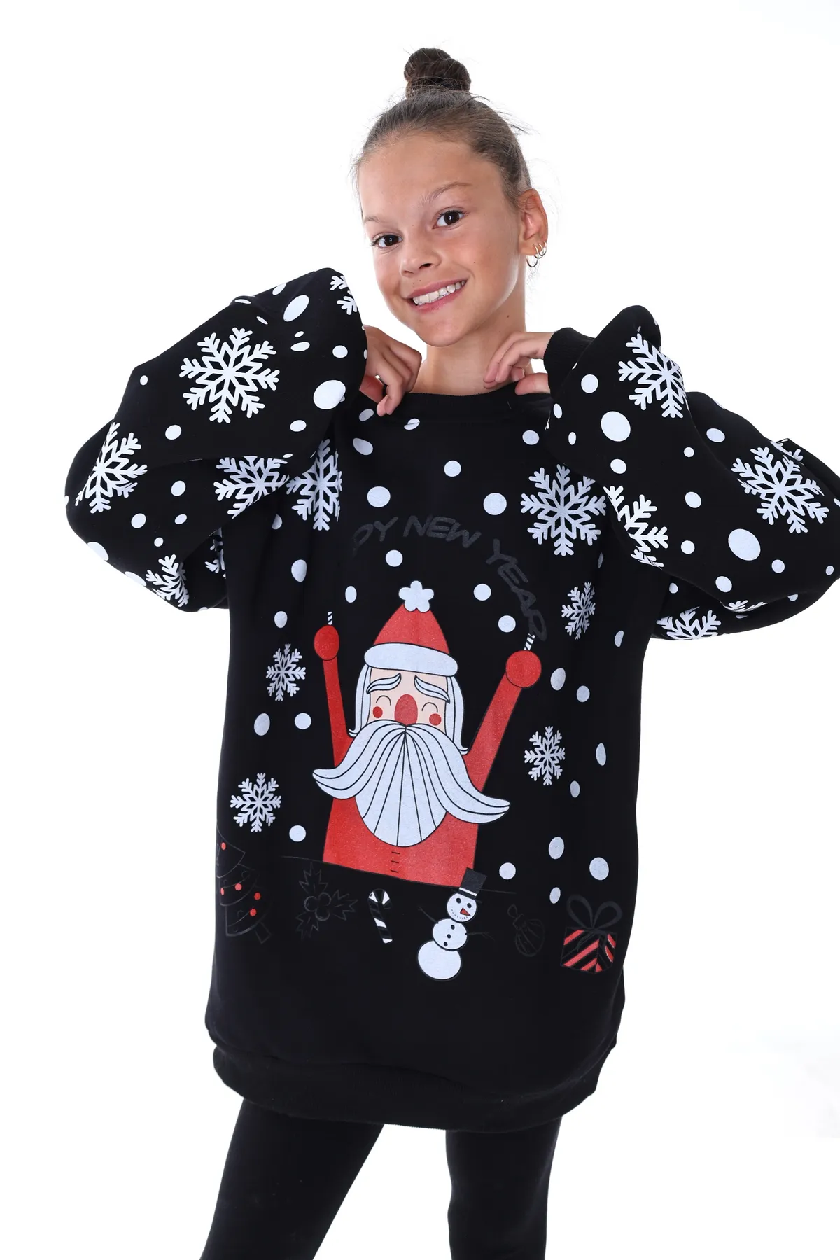 Kız Çocuk Chrismas Noel Baba Baskılı Kapüşonlu Kışlık 3 İplik Şardonlu Sweatshirt