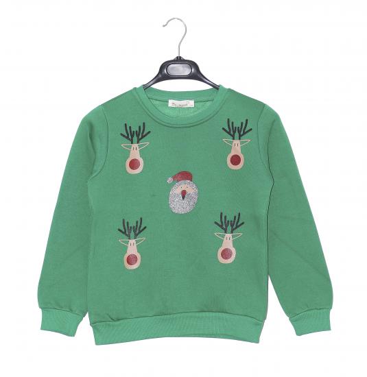 Kız Çocuk Sweatshirt Geyik ve Noel Baba Baskılı 3 İplik Şardonlu Kumaş